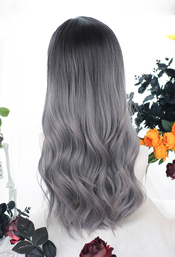 Black and Gray Mixed Color Gothic Gradient Wig Dark Girl Long Wavy Curly Cosplay Wig for Halloween