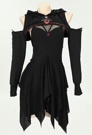 DARK BREATH Gothic Witch Dress Set Black Witch Shrug Hoodie and Fishing Net Halter Irregular Dress