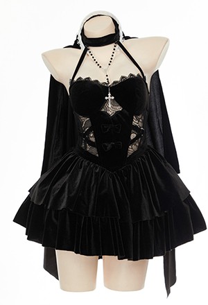 HOLY LOVE Gothic Dress Black Lace Halter Hollow Dress and Headpiece with Necklace