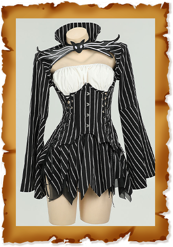 Sweet Nightmare Jack Skellington Style Gothic Costume Long Sleeve Top and Tube Top with Skirt and Gloves