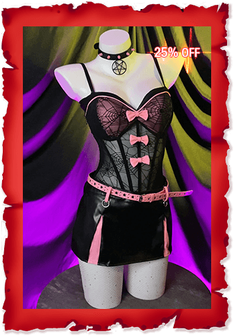 Gothic Schwarz Rosa Sexy Dessous Set Dark Style Bowknot V-Ausschnitt Durchsichtiger Spinnennetz Bodysuit mit Rockgürtel