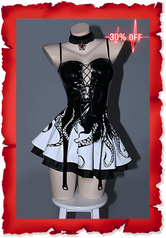 Nocturnal Glimmer Gothic Schwarzes Leder Cthulhu Kleid Set Nachtleuchtender Oktopus Print Cami Top und Rock mit Choker